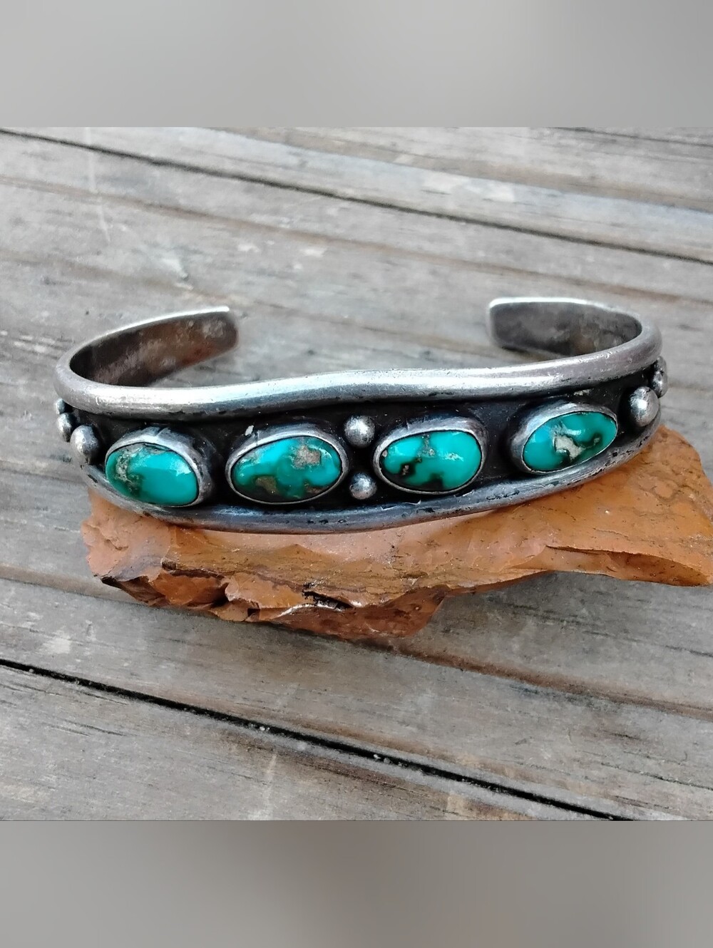Vintage Sterling Silver Cuff Bracelet 4 Oval Turquoise Blue Stones "6.5"